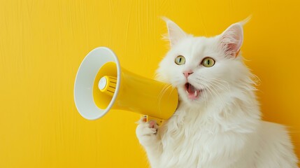 a white domestic fluffy cat with green eyes and a pink nose speaks on a yellow retrophone against...