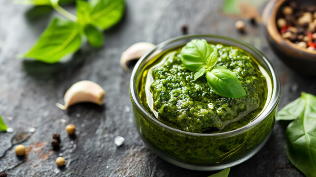 Glass bowl of homemade fresh basil pesto placed on a rustic kitchen surface with herbs and spices.