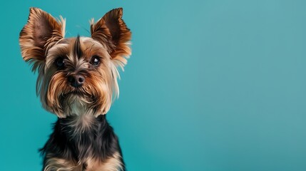 A Yorkshire Terrier begging on a blue background - obrazy, fototapety, plakaty