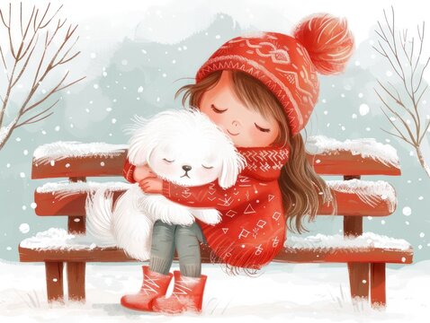 Watercolor drawing depicts a girl and her furry friend sharing hugs on a snow-covered bench in a charming winter park.