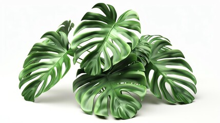 3D Render of Monstera Deliciosa Lush, vibrant green leaves with distinctive splits and holes, rendered in high detail, isolated on a white background