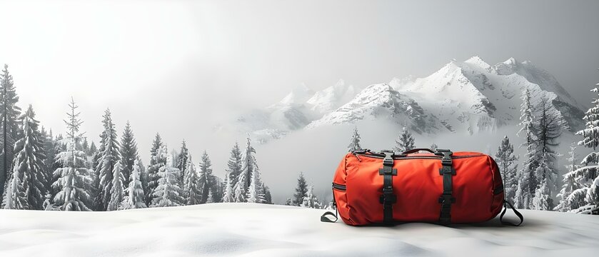 Snowbound Adventure: Solitary Snowboard Bag Stands Ready. Concept Snowboarding, Adventure, Snowbound, Solitary, Gear Ready