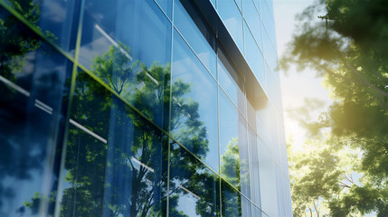 Trees reflected in a modern office building representing carbon offsetting and sustainability