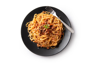 Piatto di deliziosi spaghetti conditi con salsa alla bolognese, cibo italiano, cucina europea