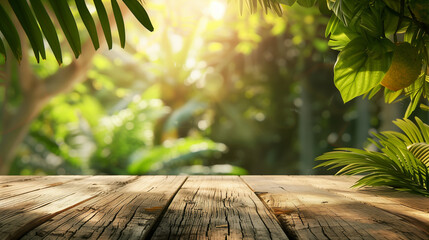 Sunlit wooden table with tropical foliage backdrop. Generative AI