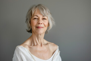 A woman with gray hair and a white shirt smiles for the camera