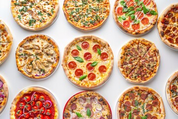 pizzas, including tomato, chicken, and other varieties, isolated on white cinematic background photography 