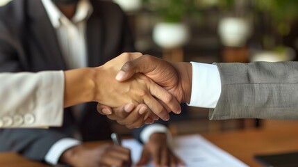 Two Men Shaking Hands Over a Piece of Paper