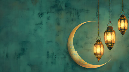 islamic banner background with crescent, lantern and gate in green and gold color. vector illustration, 3D render