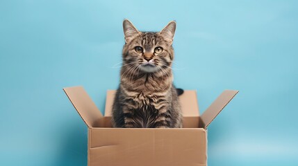 adult scottish straight chinchilla cat sits in a brown cardboard box on a blue background
