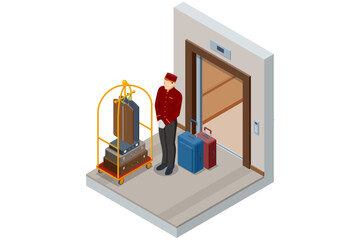 Isometric Porter with Baggage, Bellhop in Uniform and A hotel Luggage Cart loaded with Suitcases and Bags Enjoy the Holiday and Vacation.