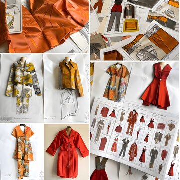 Images depicting the fashion design process in a brand-specific color palette, from initial sketches to fabric selection.