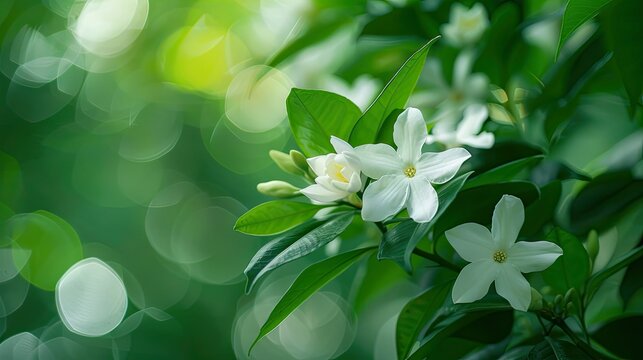 White jasmine flowers with vibrant green leaves also known as Jasminum sambac L create a picturesque botanical scene
