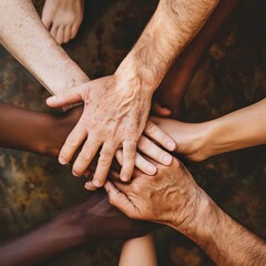 An image of diverse hands coming together in unity, illustrating themes of teamwork and collaboration. - obrazy, fototapety, plakaty