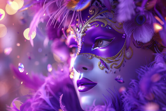 An enchanting purple masquerade mask adorned with golden details and soft feathers, set against a shimmering backdrop, embodying the magic of cultural festivals. AI Generated
