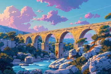 As the sun sets, the Pont du Gard's timeless beauty is captured in this serene AI-generated vector landscape. AI Generated. - obrazy, fototapety, plakaty
