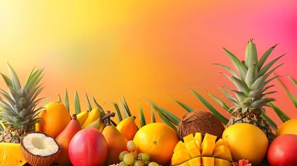 A gradient sunset background with an array of tropical fruits like pineapples, mangoes, and coconuts placed in the lower or side margins, leaving room for text elsewhere - obrazy, fototapety, plakaty