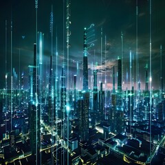 Futuristic cityscape showcasing advanced data connection technologies, holograms, and augmented reality overlays. - obrazy, fototapety, plakaty