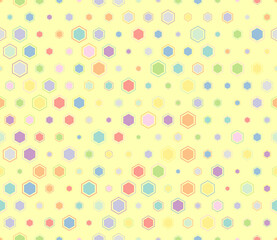 Hexagon Background. Multicolored geometric elements of varied size. Hexagon mosaic cells with padding and inner solid cells. Hexagon cells. Tileable pattern. Seamless vector illustration.