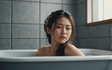 Portrait of a beautiful Asian girl in the bathroom relax