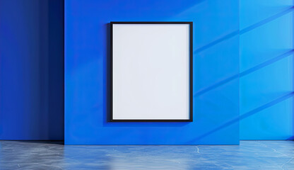Blue wall with frame mockup, empty white blank vertical poster in interior - obrazy, fototapety, plakaty