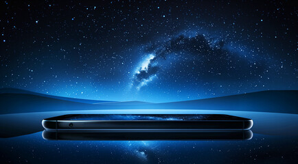 A black smartphone on a mirrored surface, background of the night sky. Poster for advertising with copy space - obrazy, fototapety, plakaty