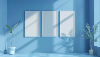  Three vertical blank white frames on a blue wall, an empty room with light and shadows - obrazy, fototapety, plakaty