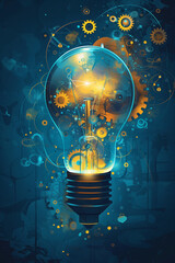 An illuminating lightbulb surrounded by gears, symbolizing innovation and creative thought, in vibrant vector style, AI Generated.