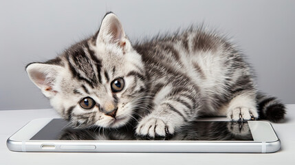 A silver kitten on the screen of an smartphone,  gray background. Digital world and cute pets. The interaction of technology and wildlife - obrazy, fototapety, plakaty