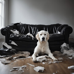 Biały pies i zniszczona czarna sofa - obrazy, fototapety, plakaty