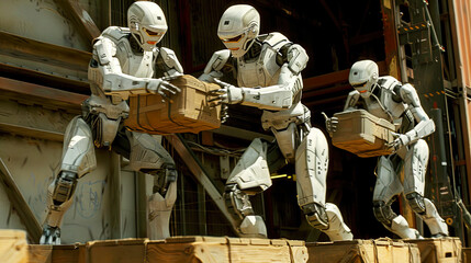 A group of robots carrying  wooden crates from the cargo hold. Loader robots: effective automation in cargo transportation - obrazy, fototapety, plakaty