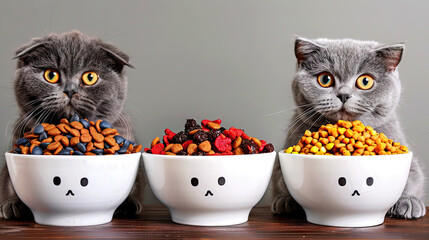 Delicious treats for pets. Two serious cute cats next to bowls of dry cat food - obrazy, fototapety, plakaty