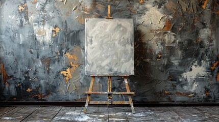 The background consists of a blank canvas or poster with a pile of canvas on the floor and the wall.