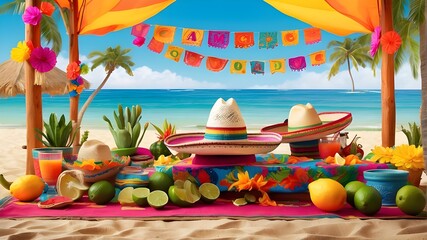 A photorealistic depiction of a colorful Mexican summer fiesta party celebrating Cinco de Mayo. The scene includes a sombrero hat, maracas, margarita cocktail, and a table adorned with colorful Mexica