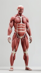 The muscular system of the anterior side of a full-length human. Concept of human anatomy - obrazy, fototapety, plakaty