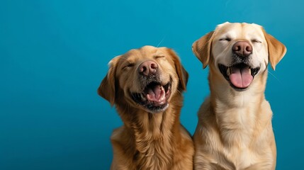 Banner two smiling dogs with happy expression and closed eyes isolated on blue colored background