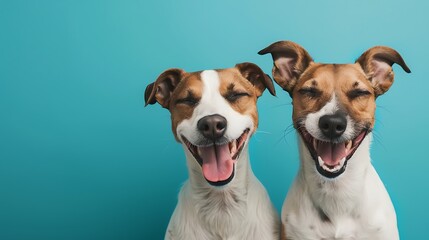 Banner two smiling dogs with happy expression and closed eyes isolated on blue colored background