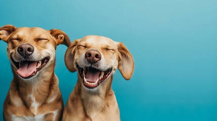 Banner two smiling dogs with happy expression and closed eyes isolated on blue colored background