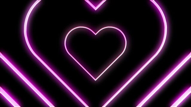 Pink neon light in heart shape seamless loop background. Echo glow heart motion loop. Wave, futuristic, love, visual, zoom.