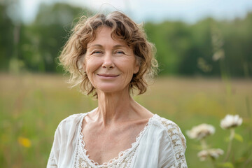 A woman in a white lace top smiles in a field