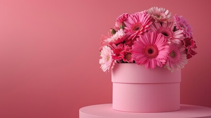 Against a delightful pink backdrop a charming pink gift box adorned with vibrant gerbera and carnation flowers steals the spotlight Positioned atop the box an inviting circular podium await - obrazy, fototapety, plakaty