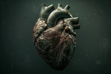Diagram of the four-chambered human heart on a dark background.  Еmpty space for text. Concept of human anatomy - obrazy, fototapety, plakaty