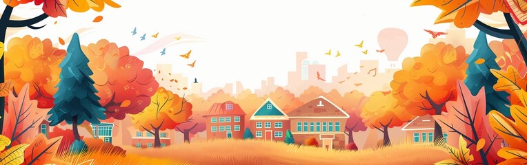 Illustration of a small village in the fall amidst pitching leaves and yellowing trees. Empty space - obrazy, fototapety, plakaty