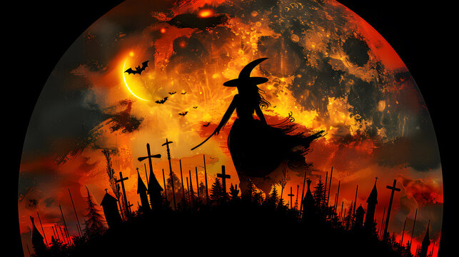 scary halloween background with witch in comic style