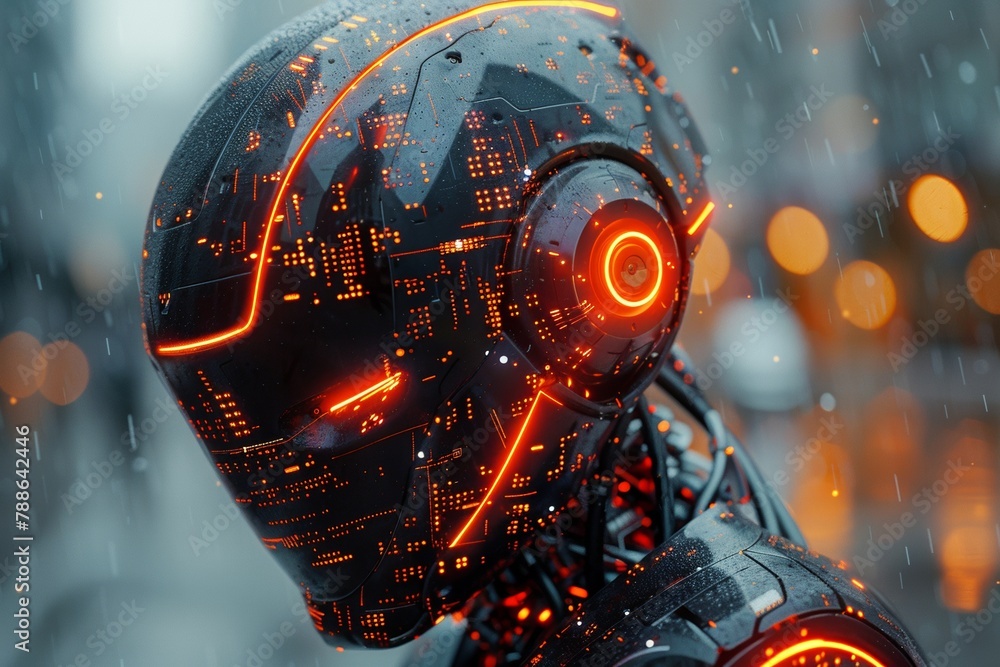 Poster in a scene of falling rain, a digital robot with a glowing head signifies advanced technology.