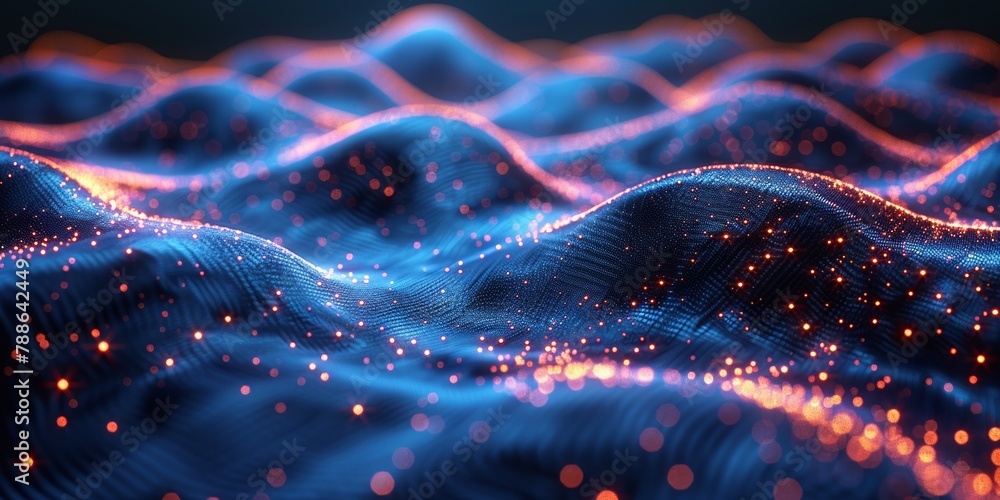 Poster in the tech-savvy realm, a dynamic wave of abstract curves defines a futuristic digital structure.