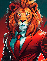 Digital illustration of a lion dressed in a red suit with a bossy expression in red tones, modern pop art style with vibrant colors, pop interior design, wall decoration with paintings