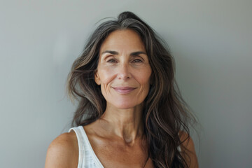 Naklejka premium A woman with long hair is smiling and wearing a white tank top