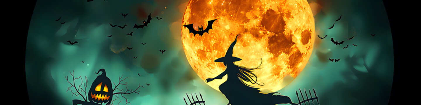 banner scary halloween background with witch in comic style