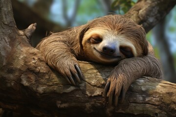 Fototapeta premium Peaceful Sleeping sloth on branch. Wildlife animal forest tropical mammal. Generate Ai